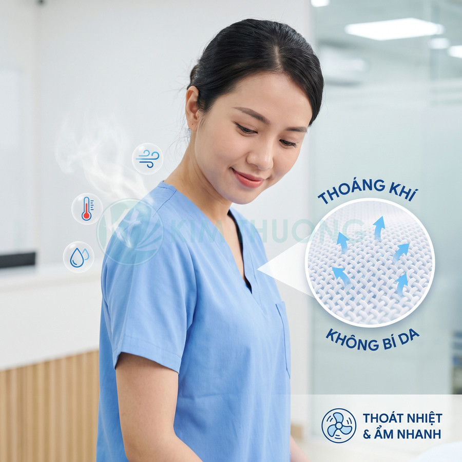 Áo đồng phục y tế màu xanh với chất vải thoáng khí, không bí da, thoát nhiệt và ẩm nhanh